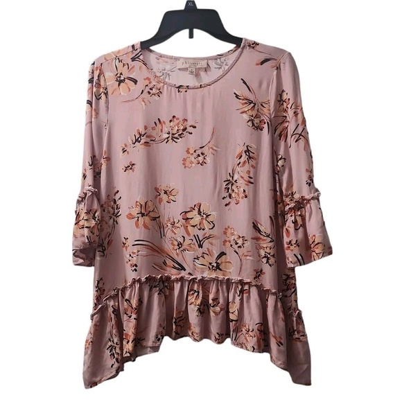 Philosophy Floral Ruffle Hem‎ Tunic Top Blouse Flowy Pink Small - Picture 1 of 16